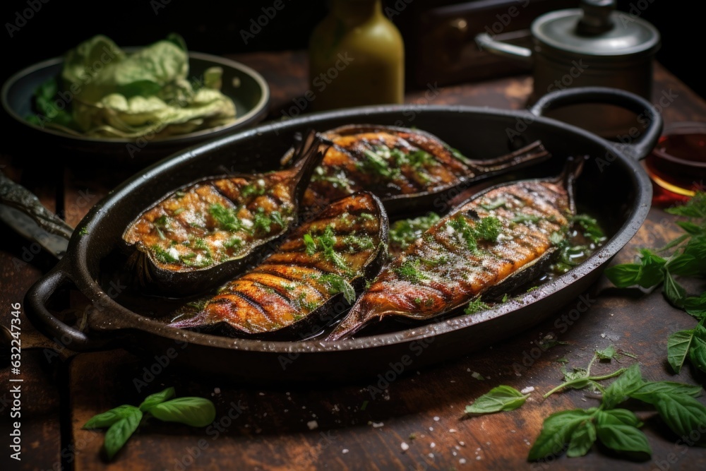 roasted eggplants with charred skin peeling