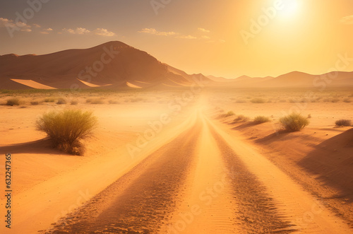  Sunlit Desert Road under Scorching Sky