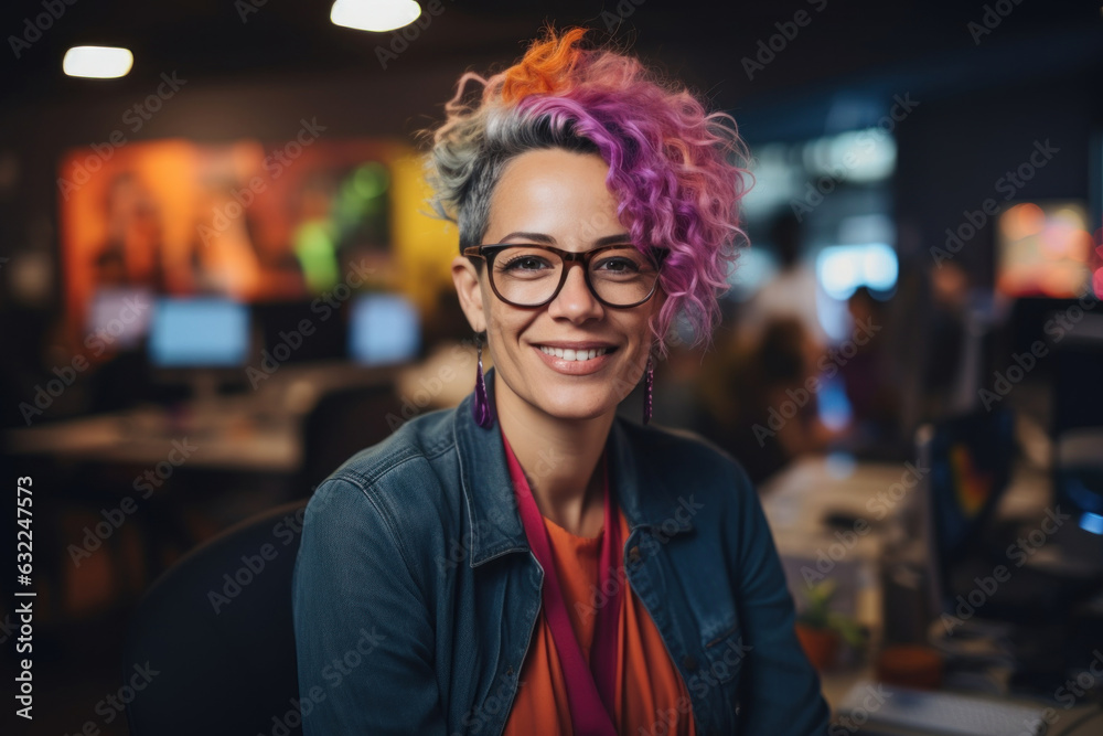 Obraz premium A charming, smiling middle-aged woman specialist in the programming of front designer department of a large IT company. Generated Ai