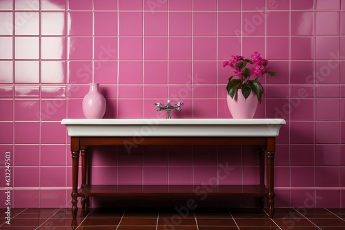 Fotografia Mur en carreaux roses à fond en damier texture du sol de la salle de bain