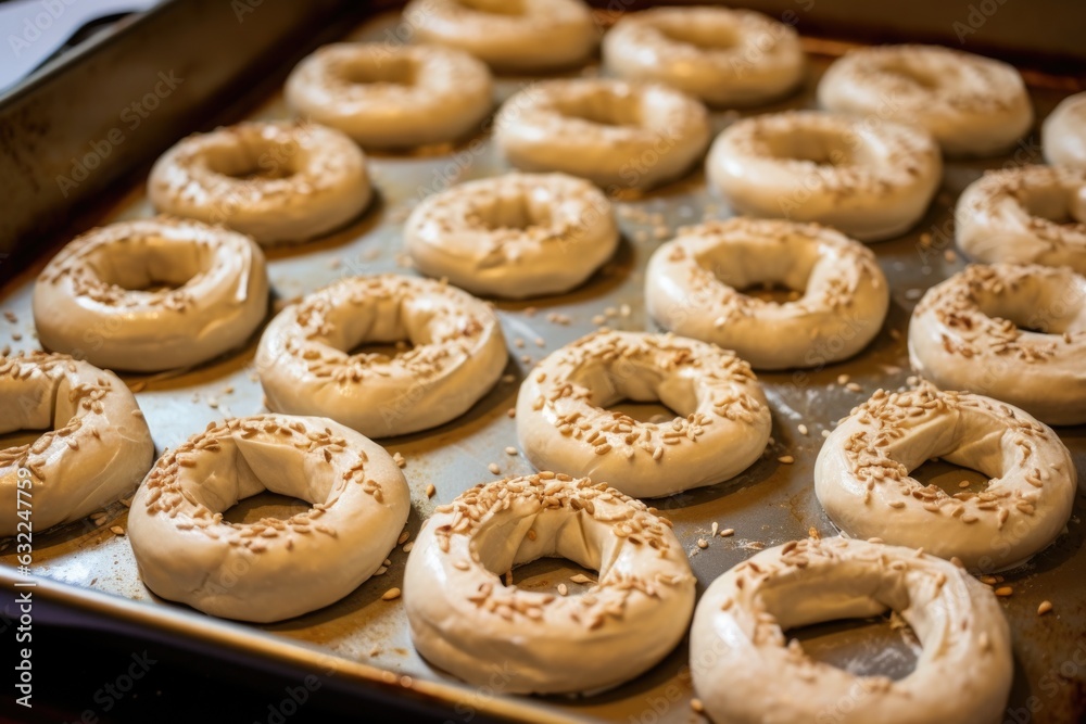 bagel dough shaped into rings, ready to bake