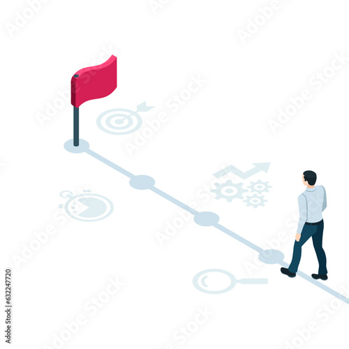 isometric man is walking on a path with flag on a white background, a step-by-step path to success, business vision isometric concept