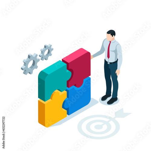 isometry a man puts together a puzzle in color on a white background, a successful business decision or doing a job