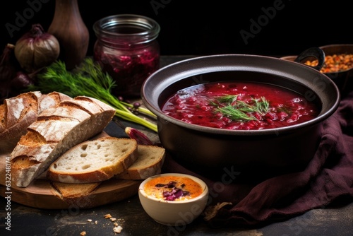 garnished bowl of beetroot soup with bread on the side