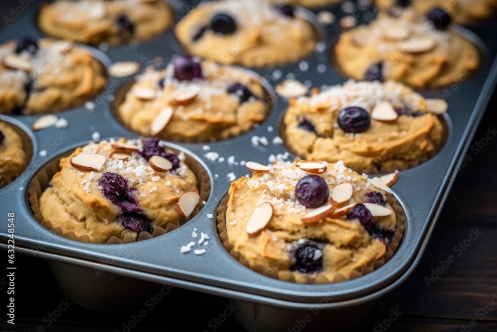 muffin tin filled with blueberry muffin batter