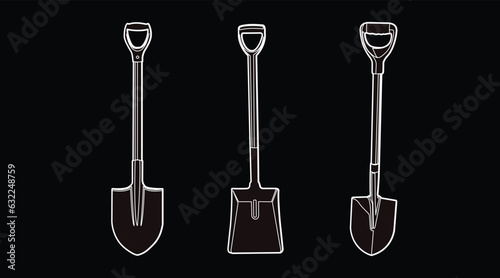 Shovel Black and White Set. Set of vector isolated illustrations of shovels