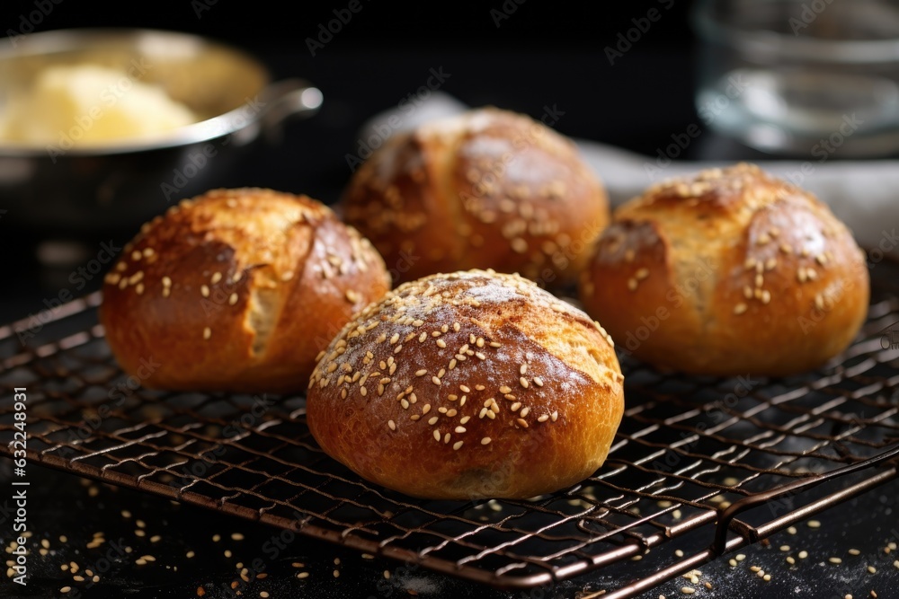 bread rolls on a cooling rack with golden brown crust