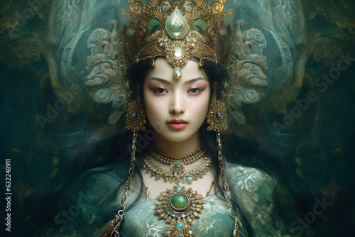 Beautiful woman Green Tara on green background. AI Generative photo