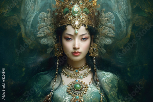 Beautiful woman Green Tara on green background. AI Generative