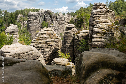 Natural sandstone rock formations in Prachov Rocks rock town, Bohemian paradise, Czech Republic