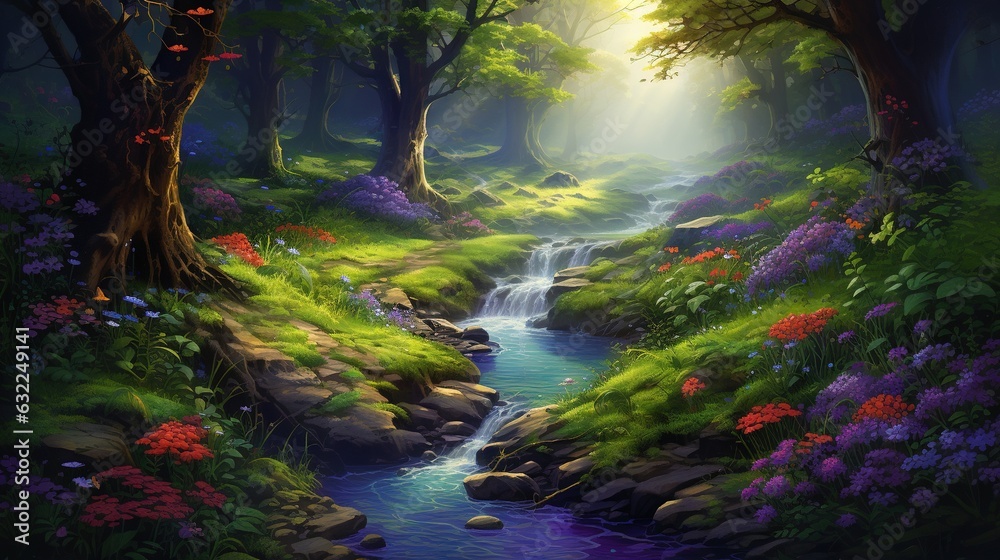  a painting of a stream running through a lush green forest.  generative ai
