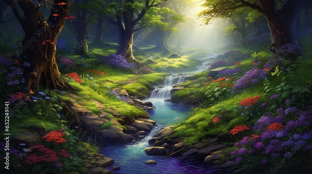 a painting of a stream running through a lush green forest. generative ai a painting of a stream running through a lush green forest. generative ai