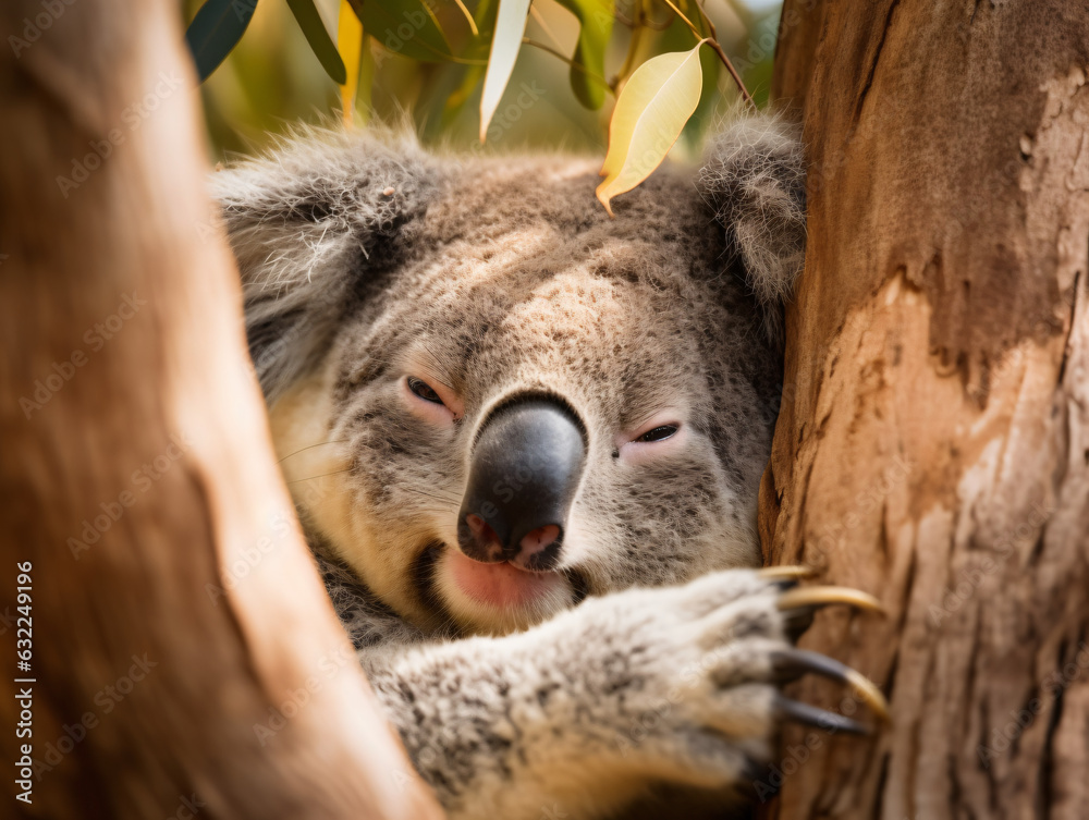 Obraz premium A contented koala sleeping in a eucalyptus tree