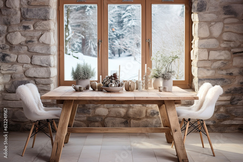 Rustic Scandinavian style dining room with stucco on the walls, wooden table and chairs by the windows. Generative AI
