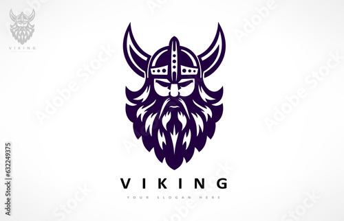 Viking and anchor logo. Scandinavian sailors symbol. Nordic warrior design. Horned Norseman symbol. Barbarian man head icon with horn helmet and beard.