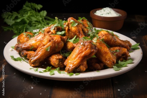 buffalo wings garnished with fresh herbs on plate