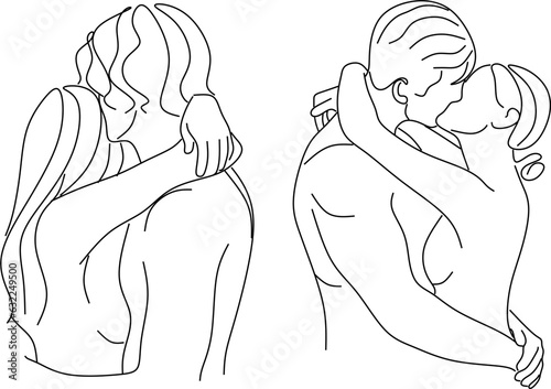 Portrait of happy couple in continuous line art drawing style. Man in love put his arms around girlfriend. Love and friendship black linear sketch isolated on white background. Vector illustration