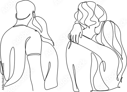 Portrait of happy couple in continuous line art drawing style. Man in love put his arms around girlfriend. Love and friendship black linear sketch isolated on white background. Vector illustration
