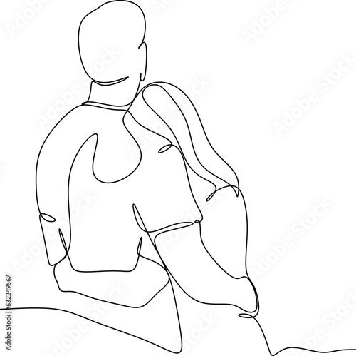 Portrait of happy couple in continuous line art drawing style. Man in love put his arms around girlfriend. Love and friendship black linear sketch isolated on white background. Vector illustration