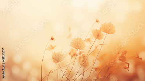 Dreamy and ethereal autumn background with copy space. Elegant and minimalistic style with orange  yellow colors.