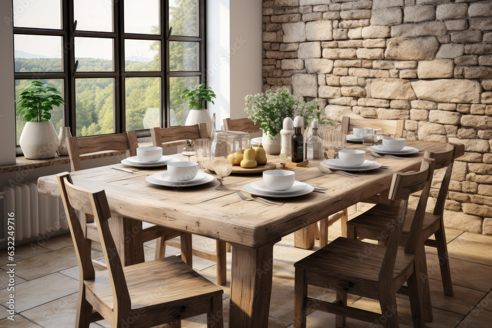 Rustic Scandinavian style dining room, wooden table and chairs by the windows. Generative AI Rustic Scandinavian style dining room, wooden table and chairs by the windows. Generative AI