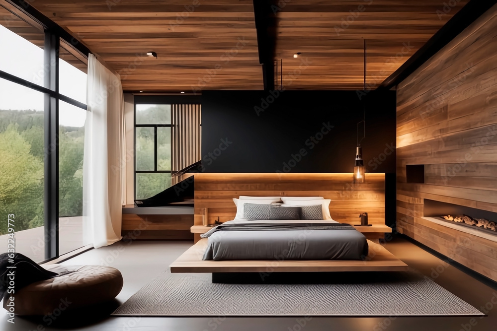 Modern bedroom with a rustic interior design, generated using AI. Modern bedroom with a rustic interior design, generated using AI.