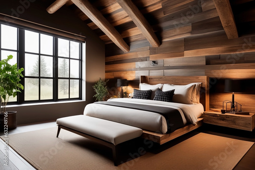 Modern bedroom with a rustic interior design, generated using AI.