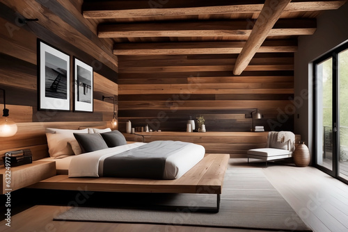 Modern bedroom with a rustic interior design, generated using AI.