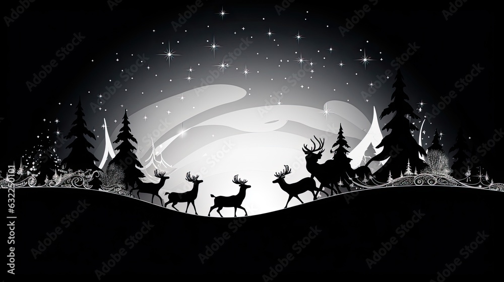 Black and white holiday symbols on a Christmas postcard featuring Santa s reindeer pulled sleigh