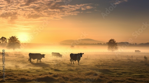 Cows grazing in a meadow with dew covered grass and morning fog with a hazy sunrise in the background © HN Works
