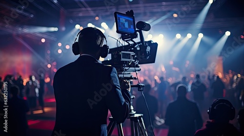 Experienced cameraman recording live event news studio with selective focus