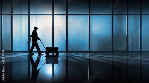 Janitor with cart walking through frosted glass breezeway silhouette photo