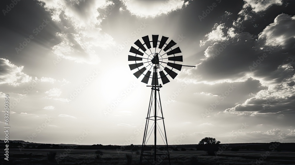 Monochrome image of windmill in field with cloudy backdrop Monochrome image of windmill in field with cloudy backdrop