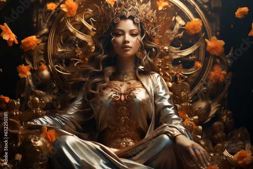 Beautiful woman Golden Tara on golden background. AI Generative
