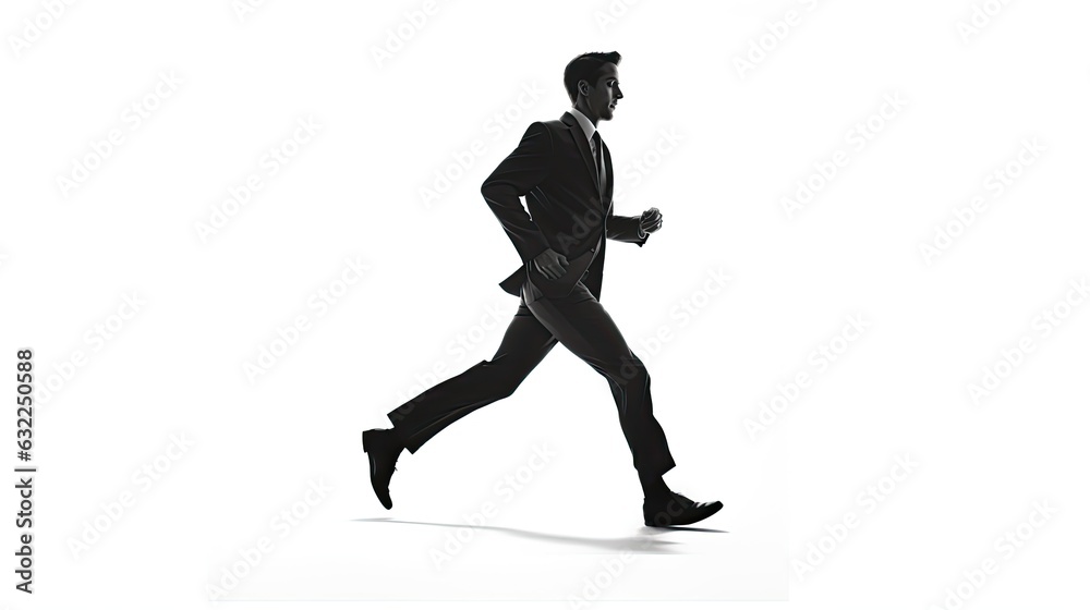 Silhouetted caucasian businessman on white background running