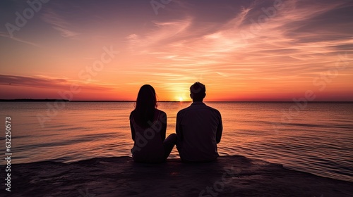 Fotografia Couple sitting separately watching the sunset over the sea