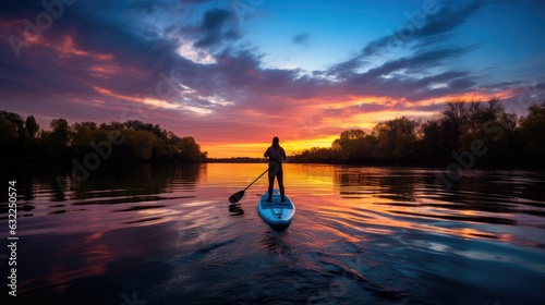 Silhouette of people on paddle board at sunset on calm winter river seen from blue kayak
