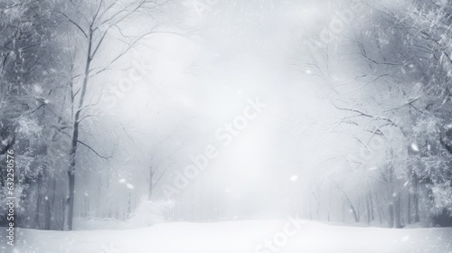 High quality photo of a snowy road view through an old forest with black tree silhouettes and a white snow background in winter © HN Works