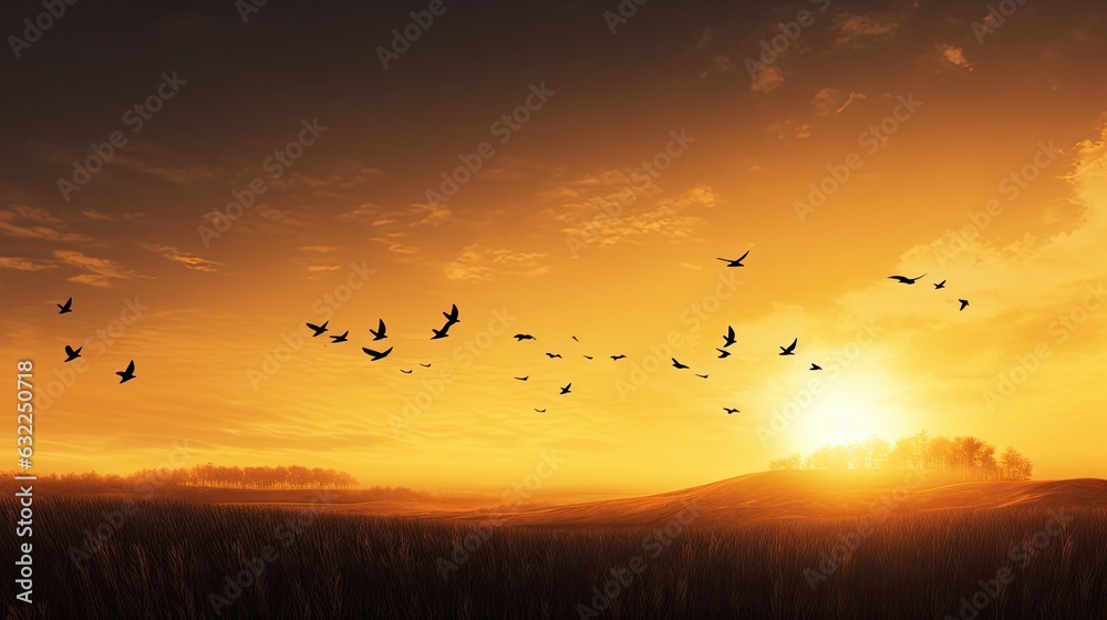 Silhouette cross and birds flying in autumn sunrise meadow background of thanks giving concept