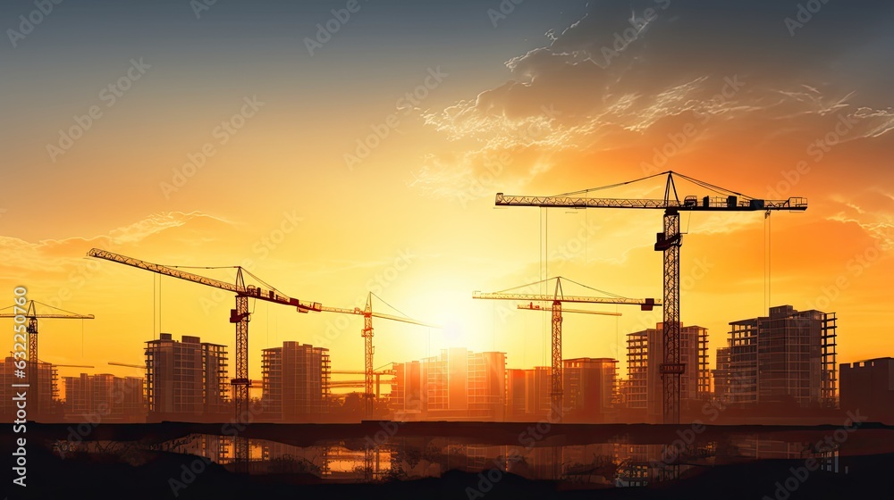 City apartment block in sunlight with construction cranes and unfinished residential buildings