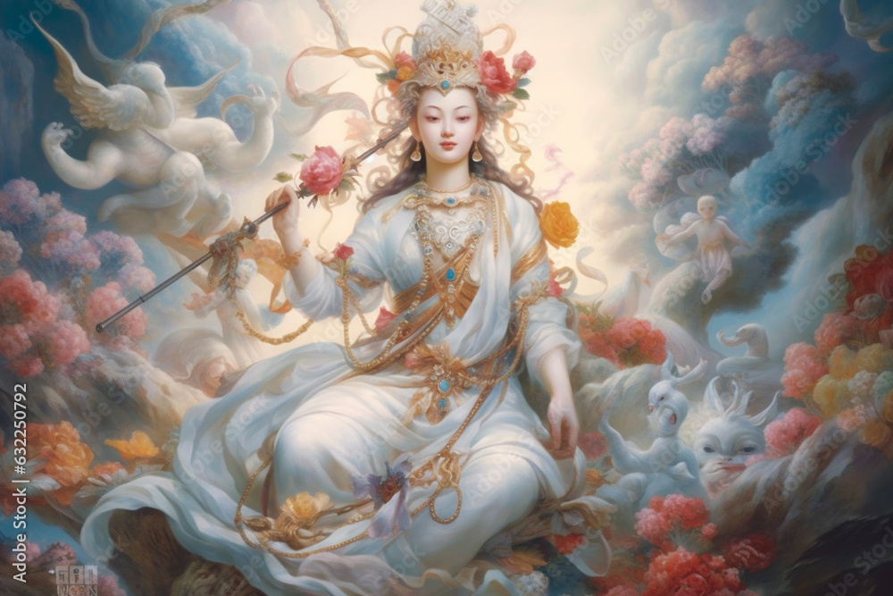 Beautiful woman White Tara on flower background. AI Generative