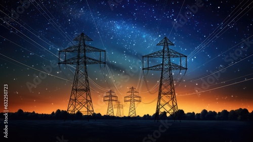 Energy infrastructure concept Transmission towers with luminous orange wires against a starry night backdrop