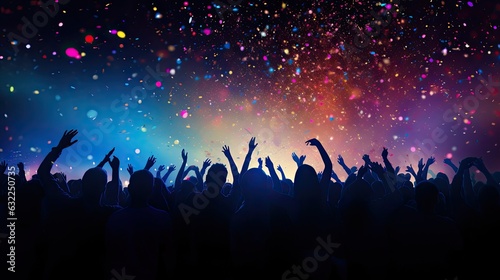 Concert crowd with colorful stage lights and confetti