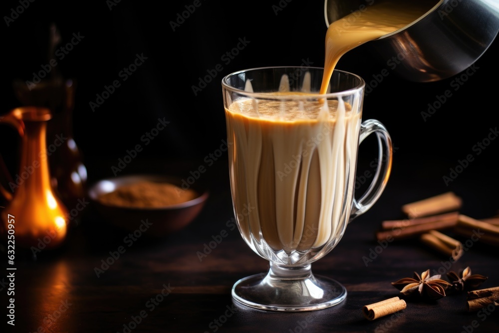 pouring hot chai latte mixture into a clear glass mug pouring hot chai latte mixture into a clear glass mug