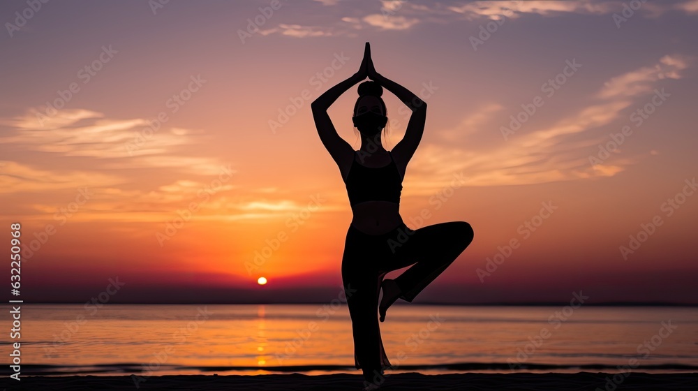 Unknown girl in face mask does yoga on beach at sunset during covid 19
