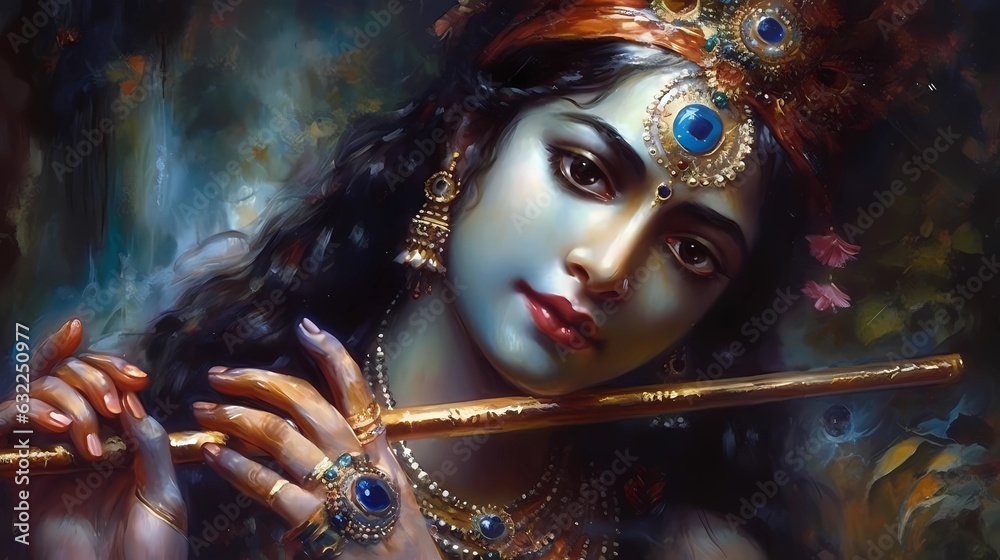 Hindu God Krishna Wall Art | Generative AI - obrazy, fototapety, plakaty 