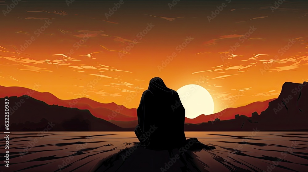 Muslim praying at dusk in the desert