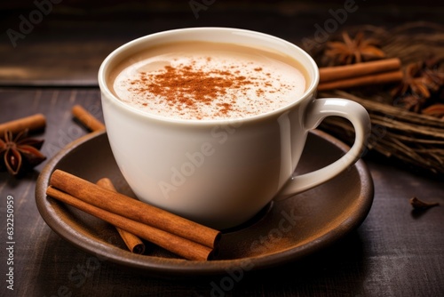 steaming chai latte in a ceramic mug, cinnamon stick