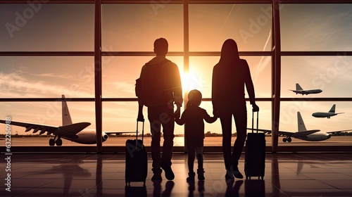 Young family walking at airport with luggage girl showing something through window