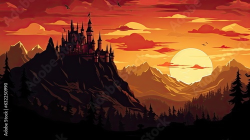 Silhouetted castle on mountain during sunset